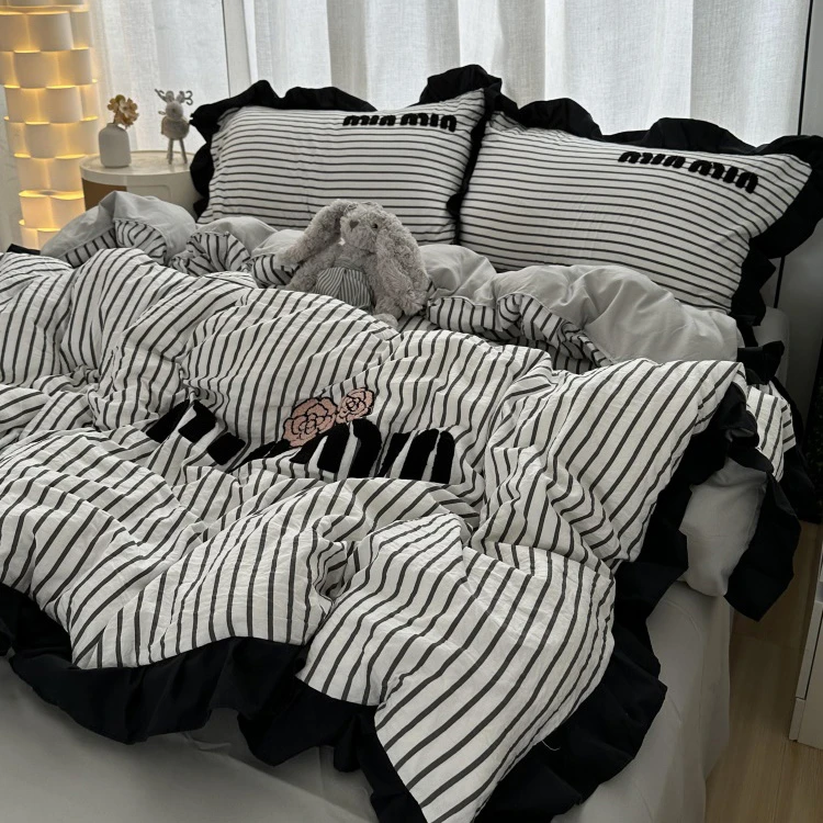 韩系ins少女黑色花边毛巾绣水洗棉四件套床单纯色被套宿舍三件套