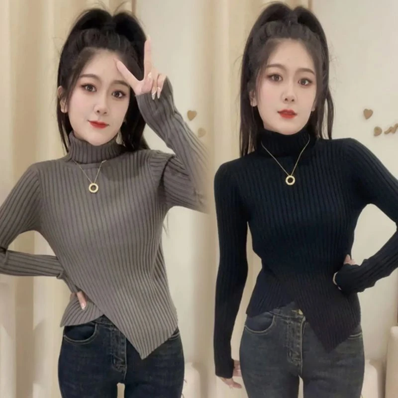 高领打底衫女秋冬不规则开叉厚毛衣内搭显瘦短款高品质针织衫上衣