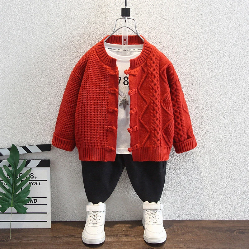 男童红色毛衣秋冬款儿童打底衫2024冬季新款洋气潮帅保暖开衫外套