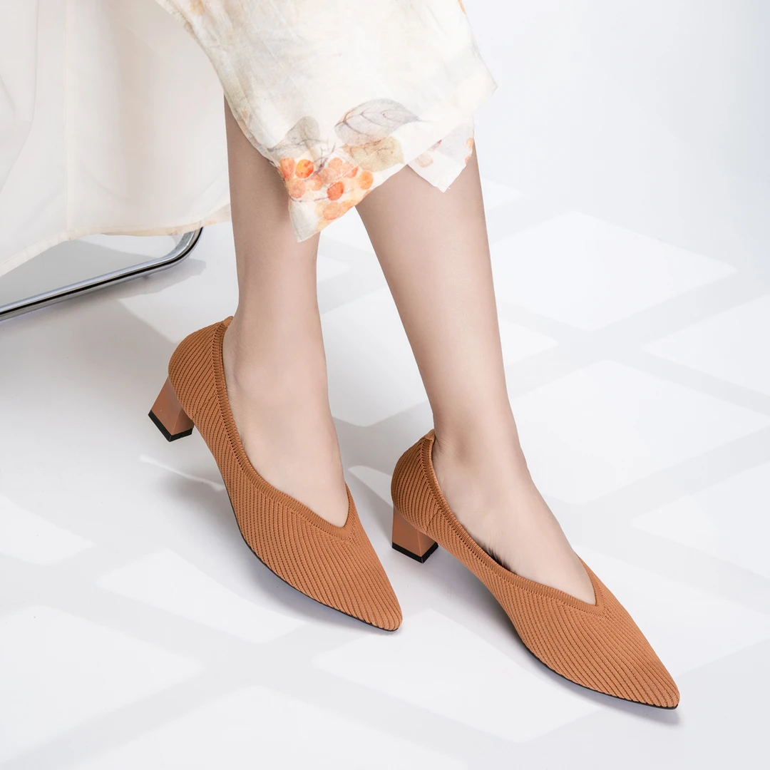 REREJOY竖条纹飞织方跟鞋 2024新款尖头时尚气质高跟鞋 QC6408