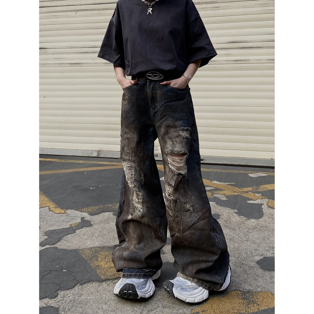 美式高街重磅做旧脏小众设计嘻哈破洞牛仔裤阔腿直筒拖地长裤子潮