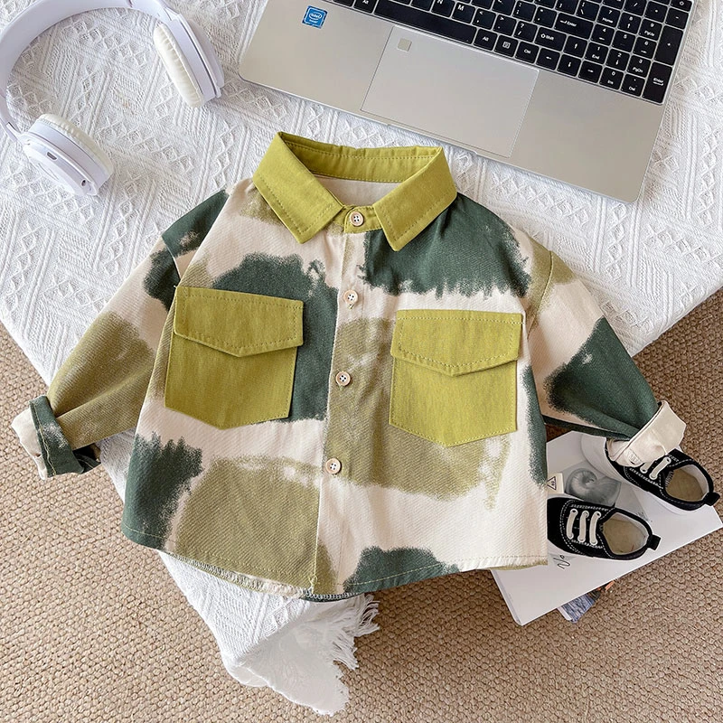 韩版春秋男童小童洋气休闲长袖帅气条纹拼接撞色拼色秋季秋款衬衫