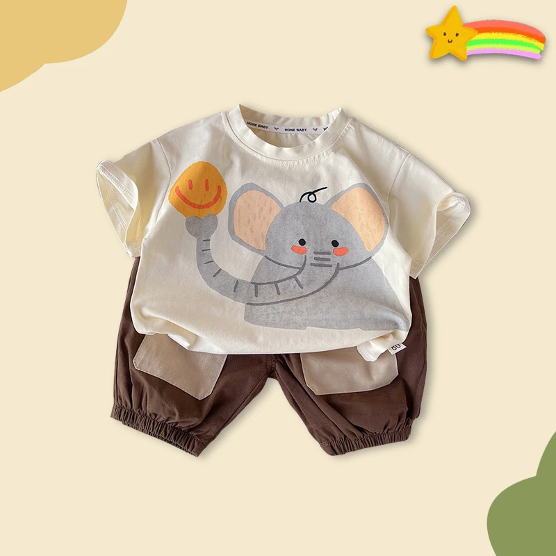 夏季韩版儿童幼儿男宝休闲印花短袖洋气帅气男童女童运动卡通套装