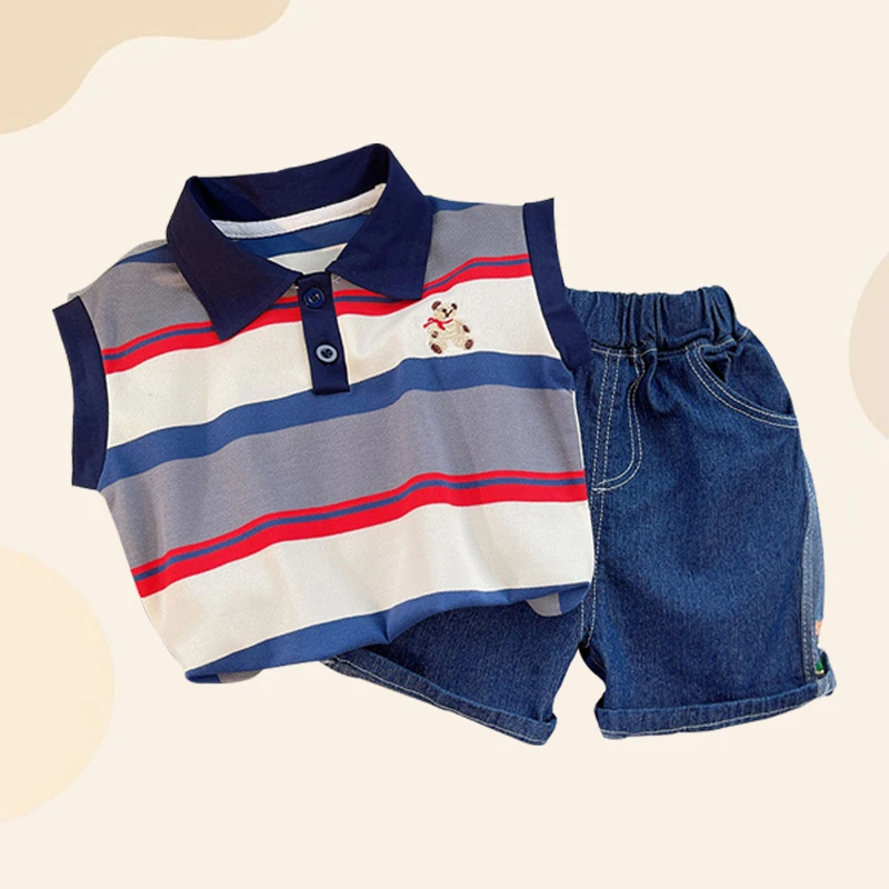 翻领短袖无袖两件套装坎肩洋气夏季夏装牛仔时尚休闲条纹小童男孩