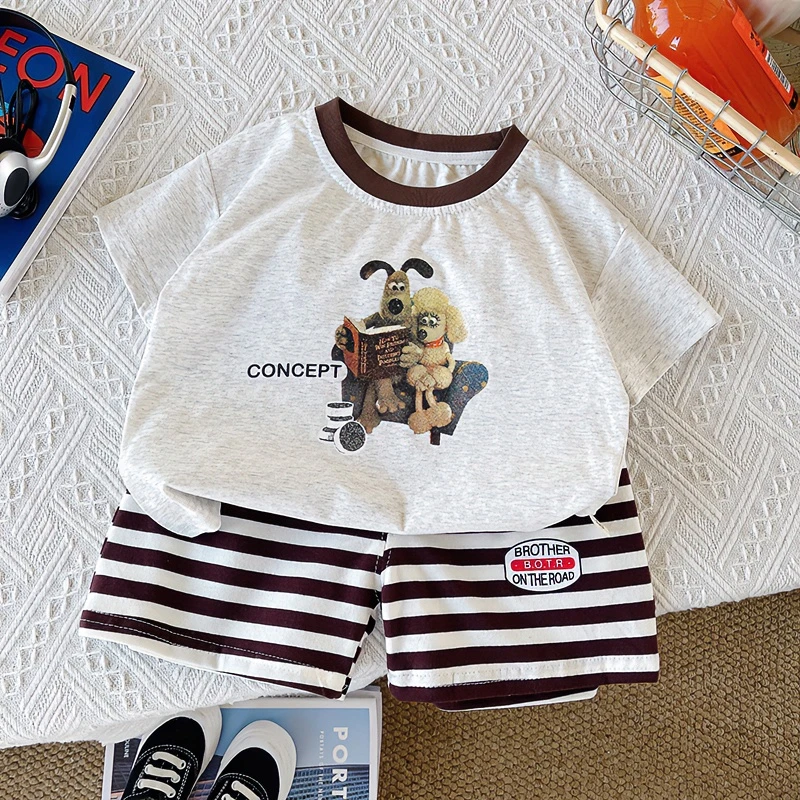 夏季休闲时尚条纹裤子卡通短袖运动印花宽松套装韩版洋气帅气男童