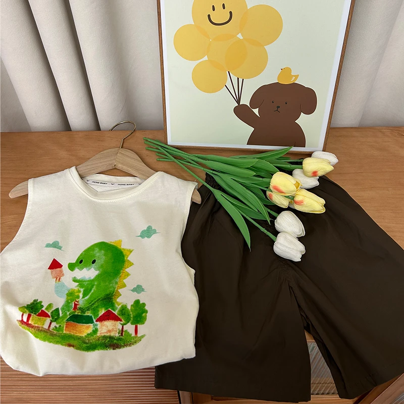 夏季夏款休闲印花绿色恐龙无袖男童女童小童时尚韩版百搭卡通套装