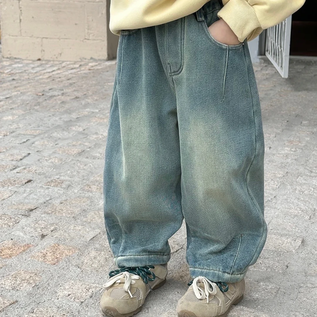 2024冬季新款男女童一体绒裤子儿童做旧弯刀牛仔裤男童加厚牛仔裤