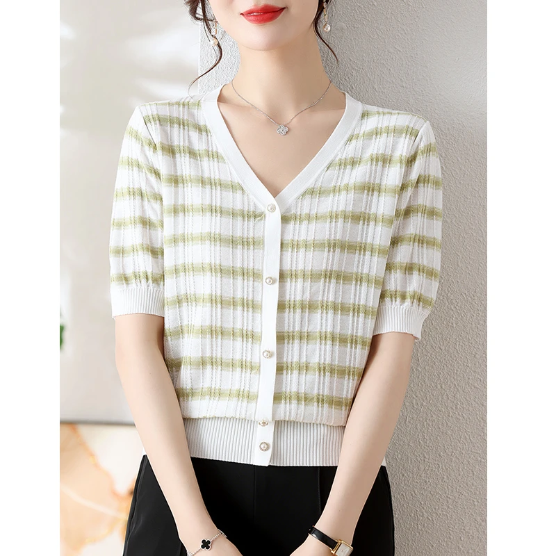小香风女装上衣显瘦气质百搭夏季薄款条纹假开衫针织上衣洋气短款