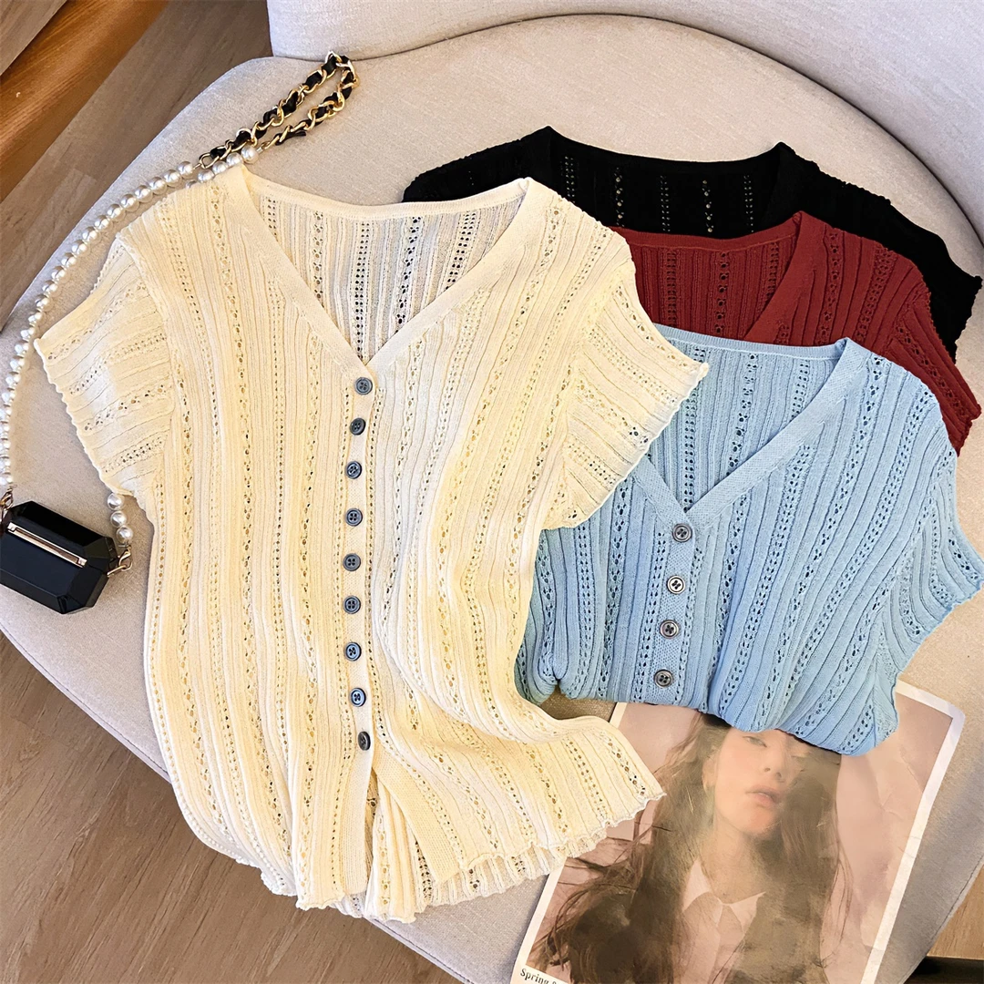 2024新款女装镂空款飞飞袖针织衫女气质名媛坑条T恤落肩短袖上衣