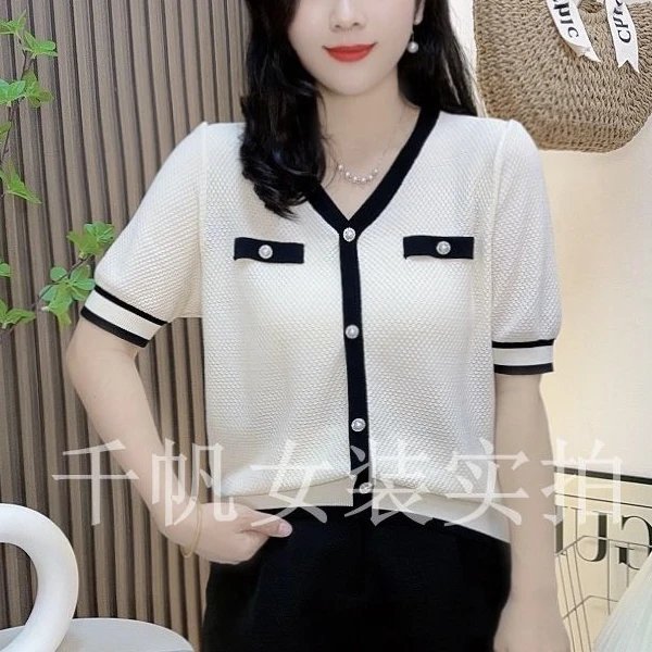 现货小香风经典短袖v领针织衫显瘦气质洋气时尚女韩版假开衫百搭