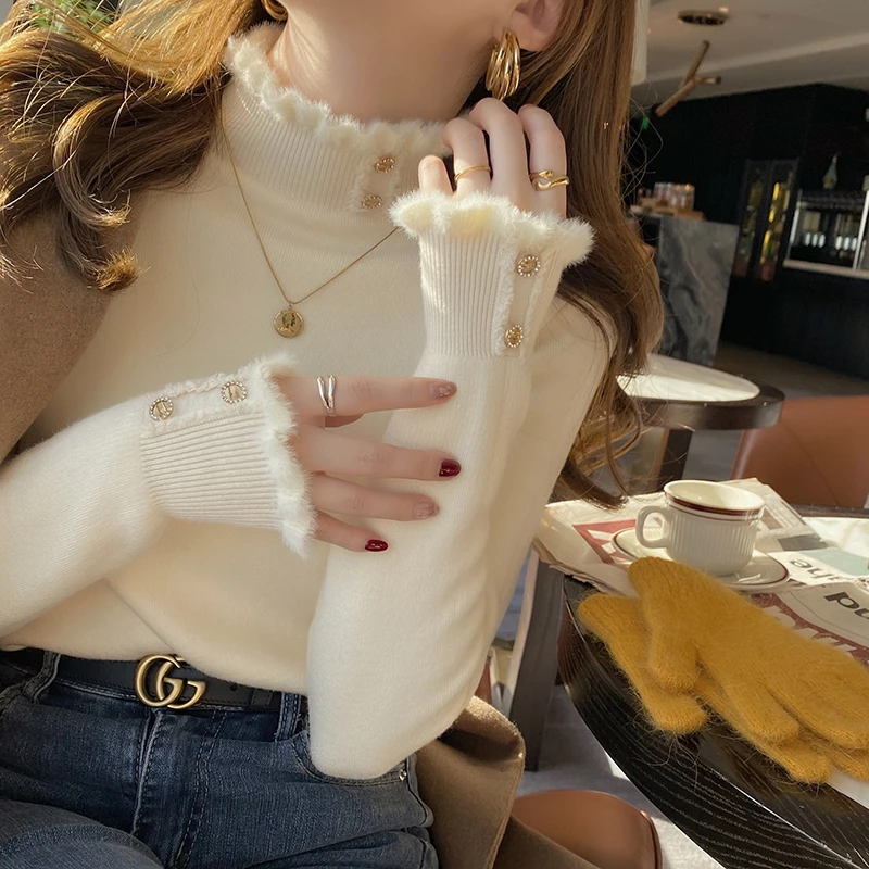 新款加厚一体绒半高领打底衫毛衣长袖洋气显瘦韩版针织衫套头百搭