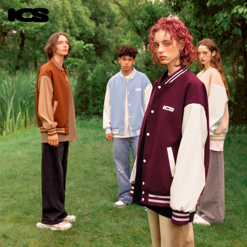 ICONSLAB撞色贴布拼皮美式棒球服潮牌夹克棒球领夹克百搭情侣学生