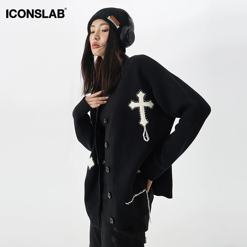 ICONSLAB V领针织开衫情侣百搭十字提花毛衣男女潮