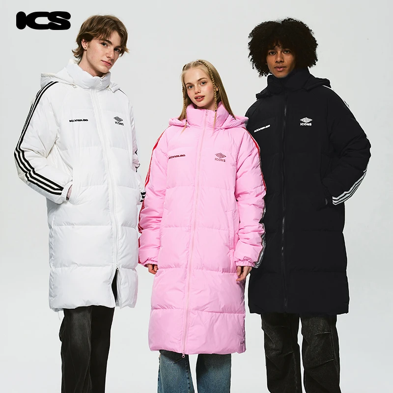 ICONSLAB插肩织带可拆卸连帽长款羽绒服白鸭绒保暖羽绒外套