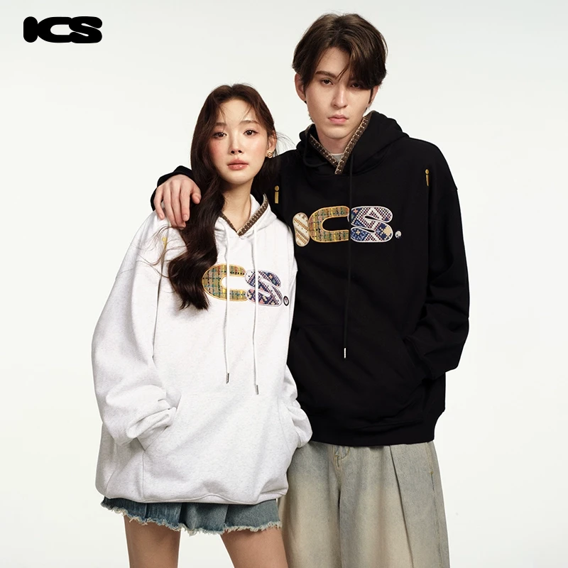 ics丨iconslab复古连帽卫衣2024年秋冬贴布绣民族风撞色编织