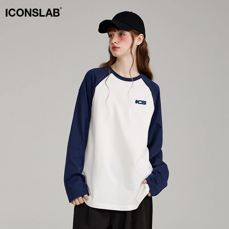 ICONSLAB美式复古ICS插肩袖撞色长袖打底撞色拼接T恤圆领