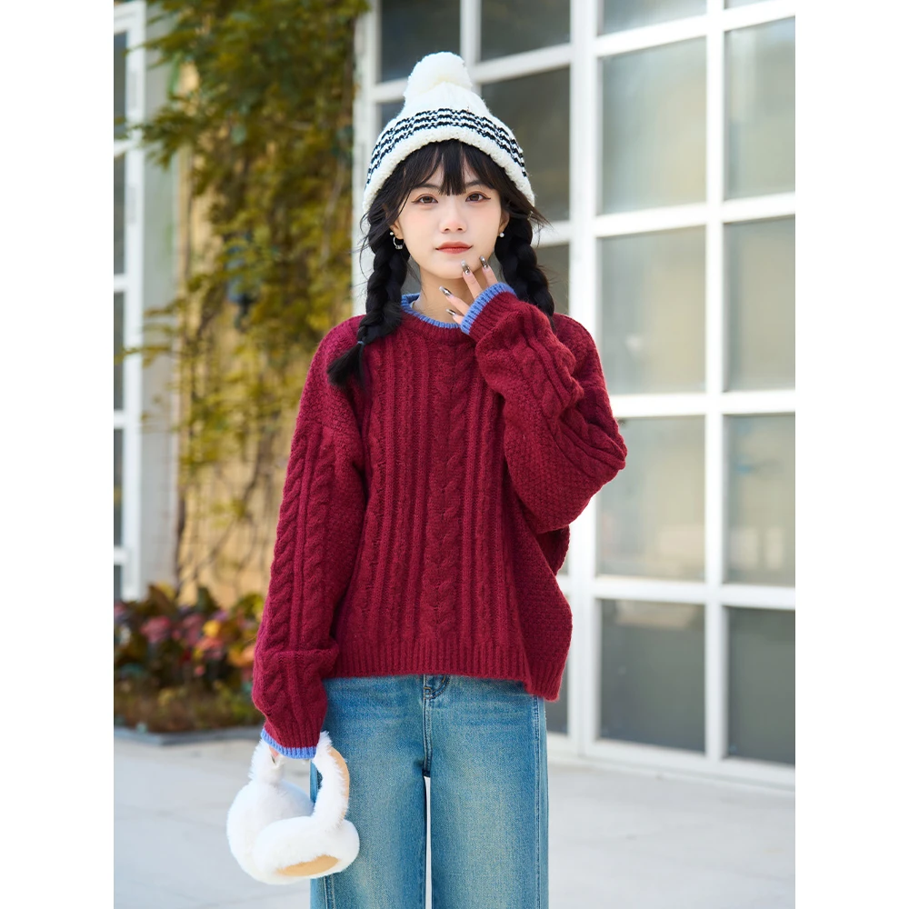 王家有鱼【小个子定制】春秋新款针织毛衣百搭红色上衣圆领长袖套头