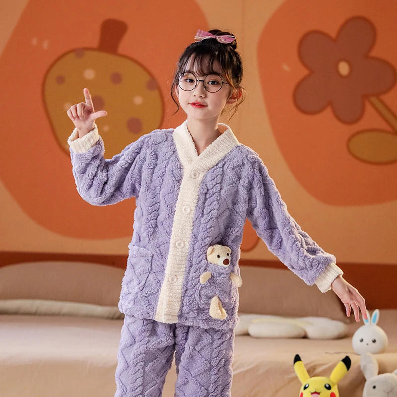 女童睡衣加厚加绒中大童亲子装2025新款时尚男童秋冬季小熊家居服
