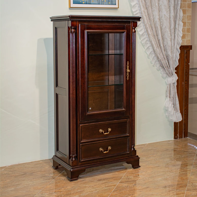 樱桃木美式高矮酒柜复古全实木餐边柜酒柜玻璃两门柜客厅靠墙