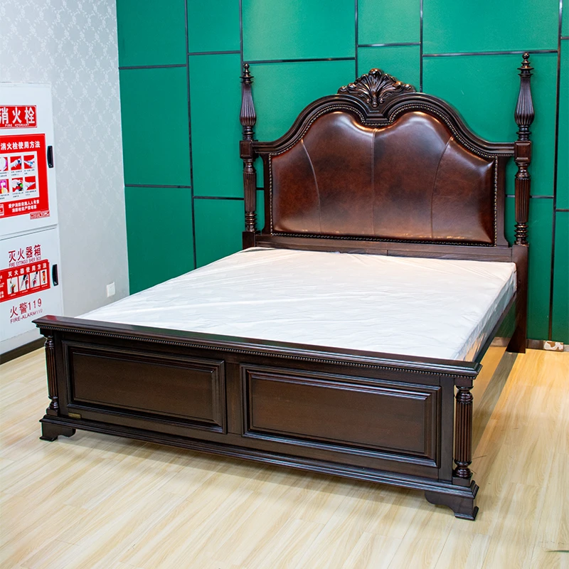 樱桃木美式真皮软包床轻奢复古1.8米全实木大床双人床主卧室婚床