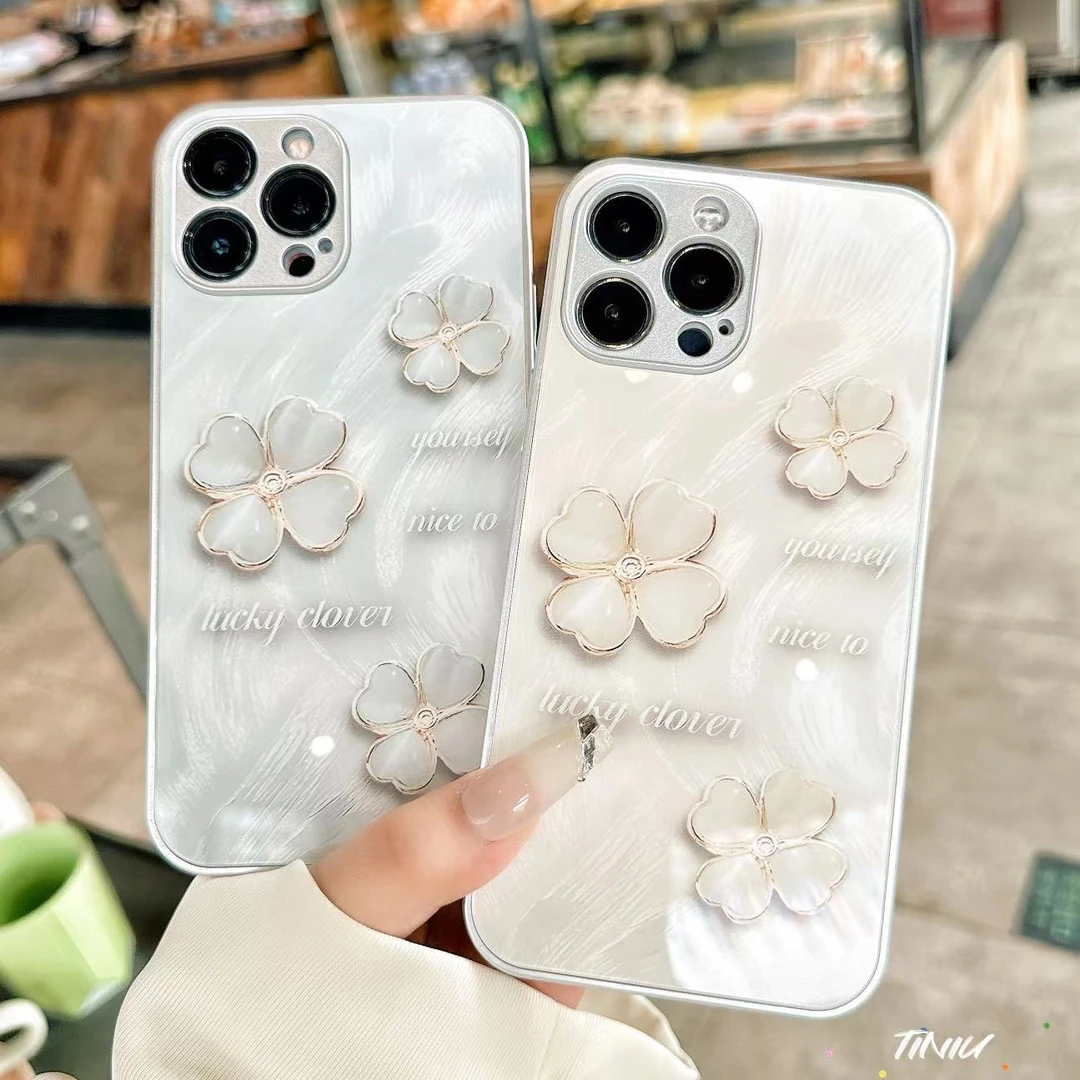 苹果/华为/荣耀/OPPO/VIVO/荣耀流光四叶草金属漆钢化玻璃手机壳