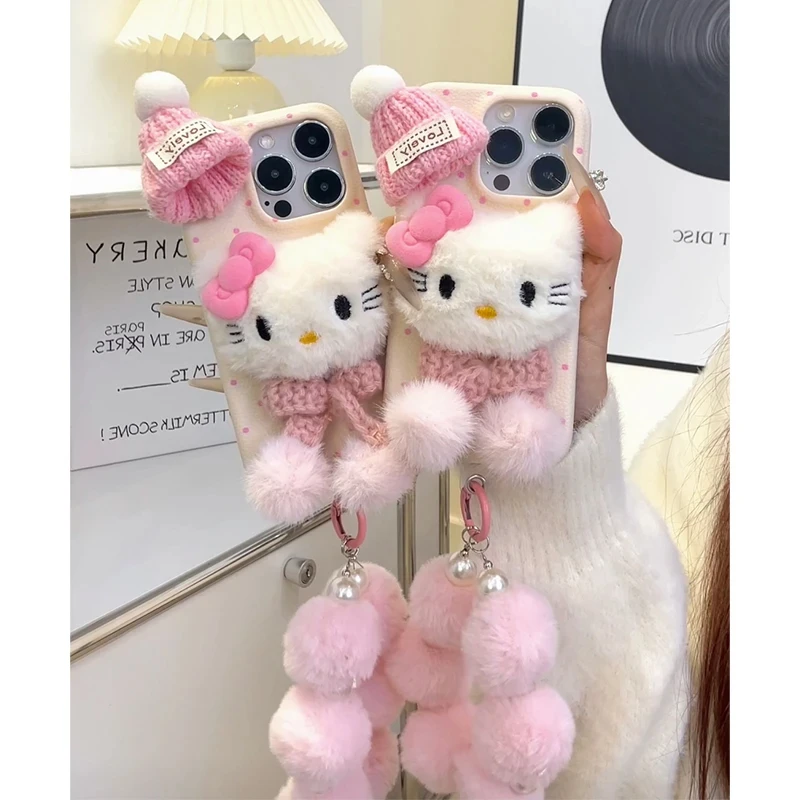 毛绒立体凯蒂皮纹适用iphone15/16pro苹果11/12/13/14防摔手机壳