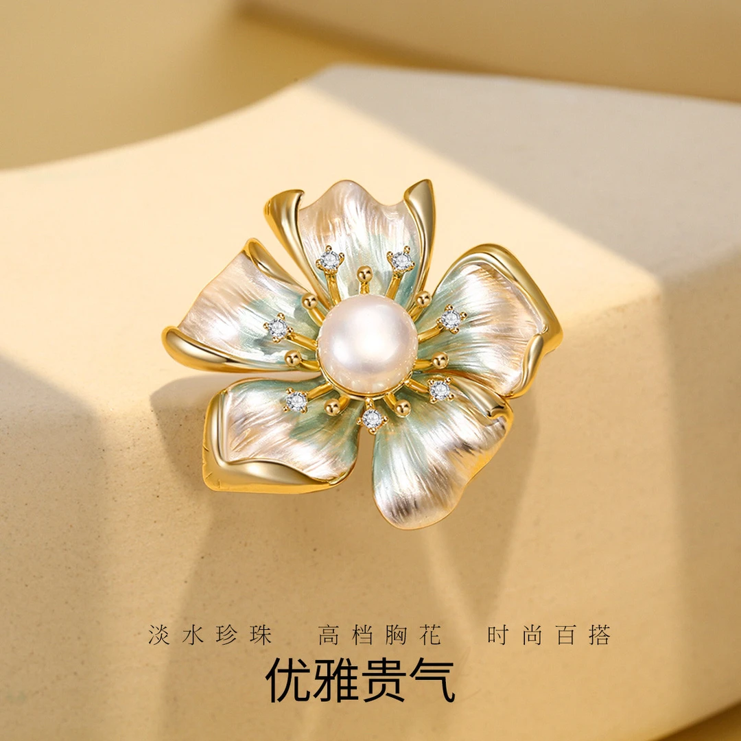 淡水珍珠优雅贵气彩绘花朵胸花胸针别针女配饰礼物