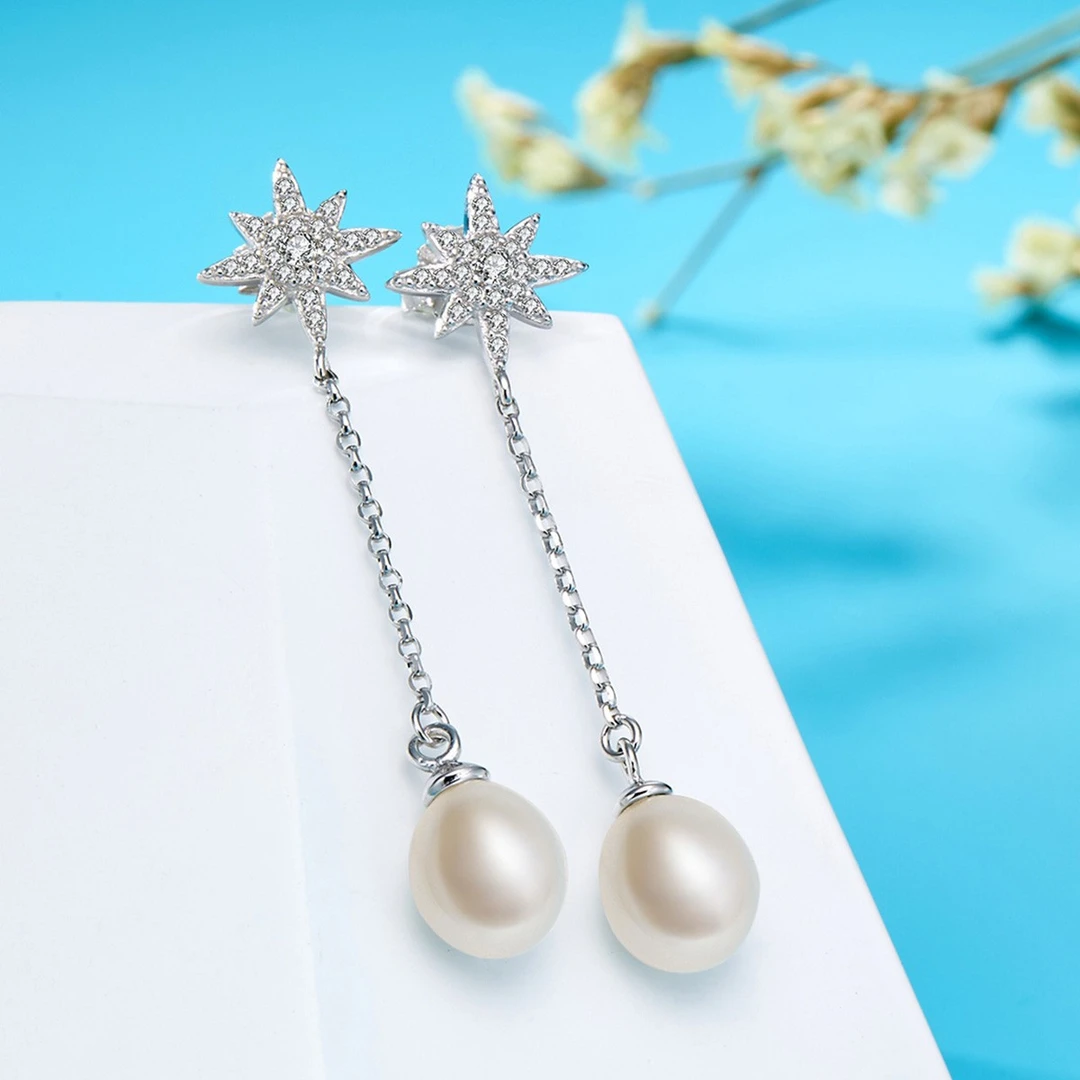 气质耳钉S925纯银水滴形珍珠耳坠长款流苏耳饰