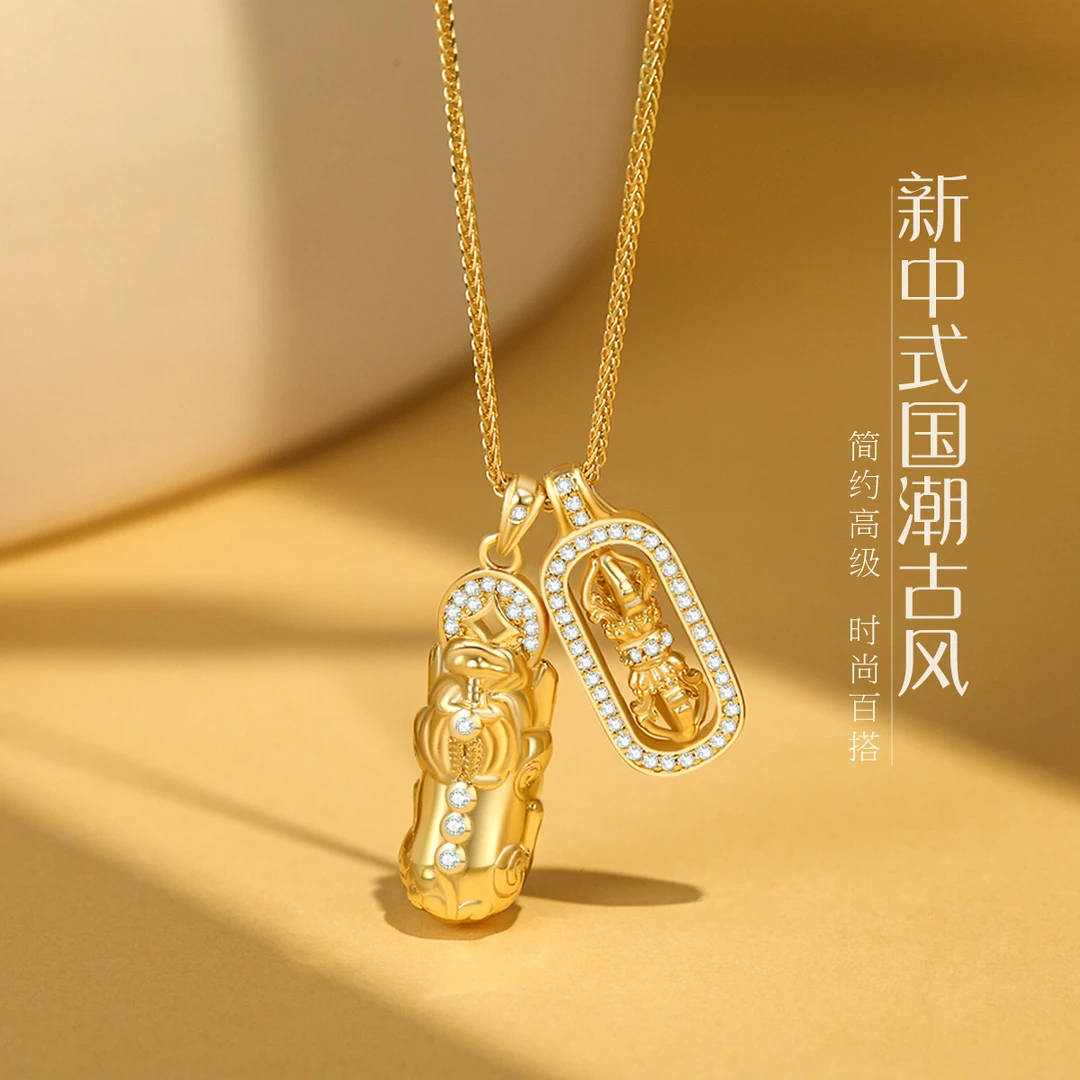 坠链均925银合成锆石 S925银轻奢金刚杵金色貔貅吊坠女项链锁骨链