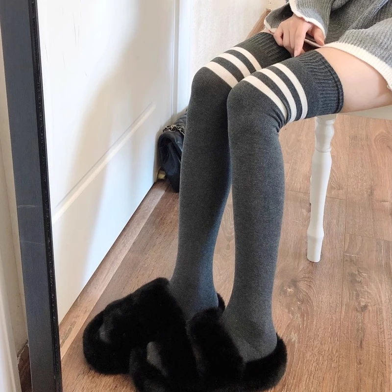 秋冬加绒灰色长筒袜日系保暖白色高筒袜羊毛大腿袜子加厚过膝袜女