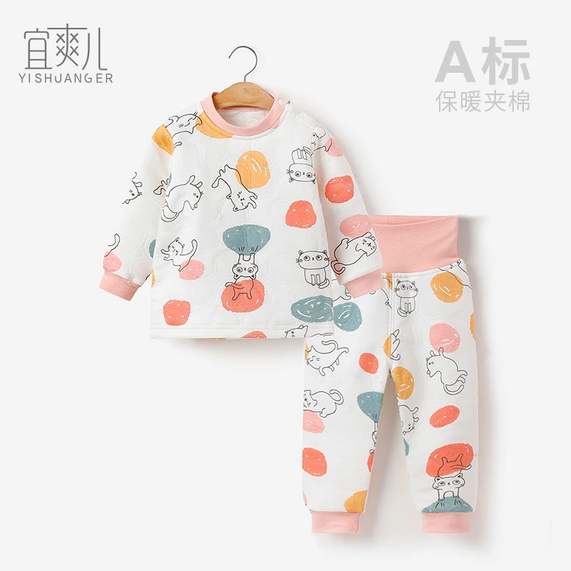 婴儿衣服加绒棉服夹棉保暖儿童高腰护肚睡衣秋冬季秋裤分体套装
