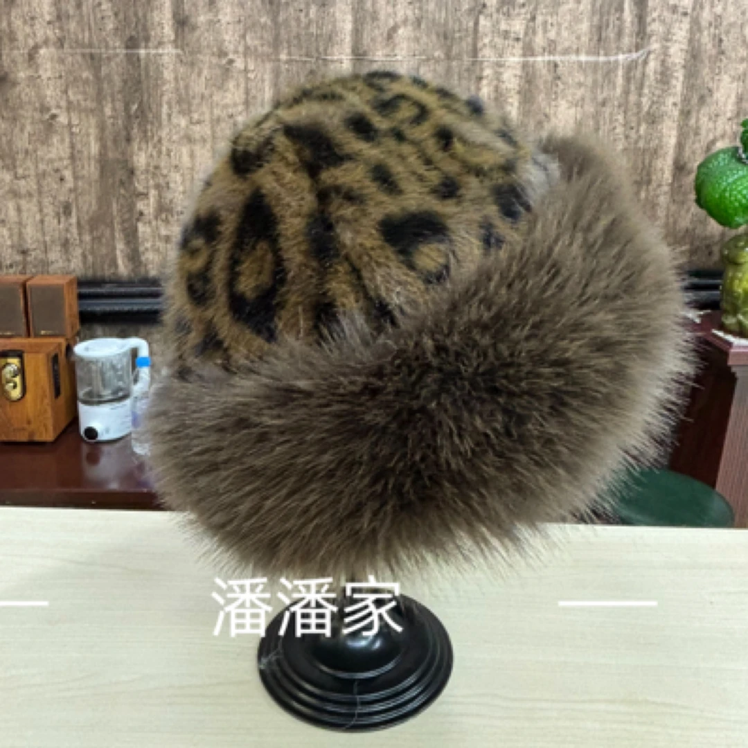 2024冬季新款欧貂毛毛豹纹蒙古帽