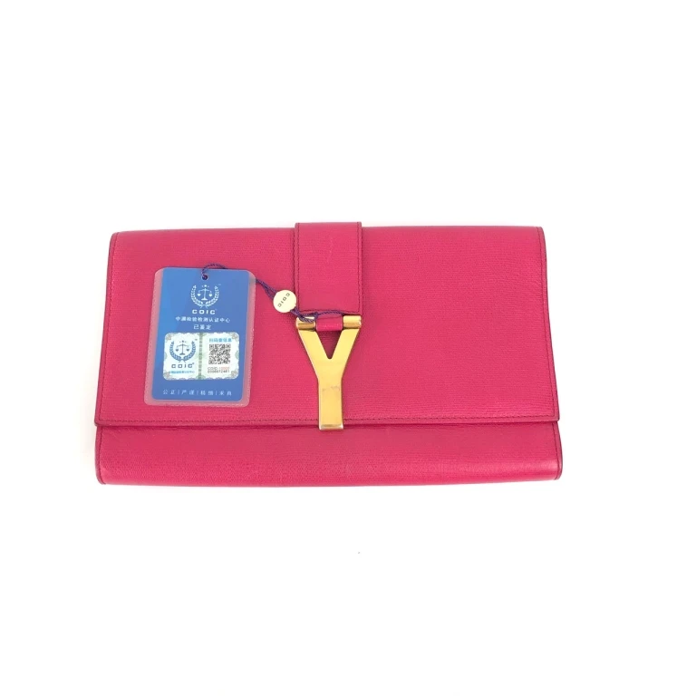 95新 YSL/圣罗兰 安洁利严选YSL圣罗兰玫红金扣手拿包WHZ19918H