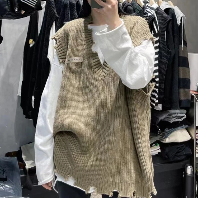 针织毛衣马甲背心女春秋季宽松慵懒风韩标破边叠穿V领纯色马夹女
