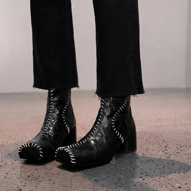 悦熹/5cm/秋冬时尚百搭英伦风小众设计个性潮酷方头粗跟真皮短靴