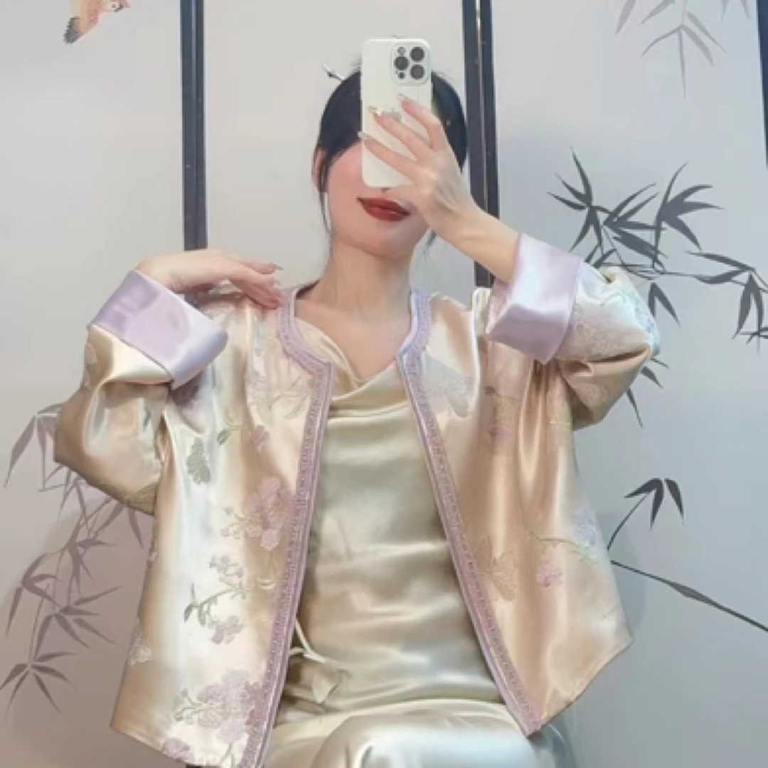 倩影 醋酸重工刺绣拼撞色织带清雅国风棉外套