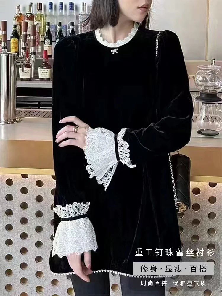 玛薇丝【书院】桑蚕丝丝绒拼接定花边显瘦连衣裙