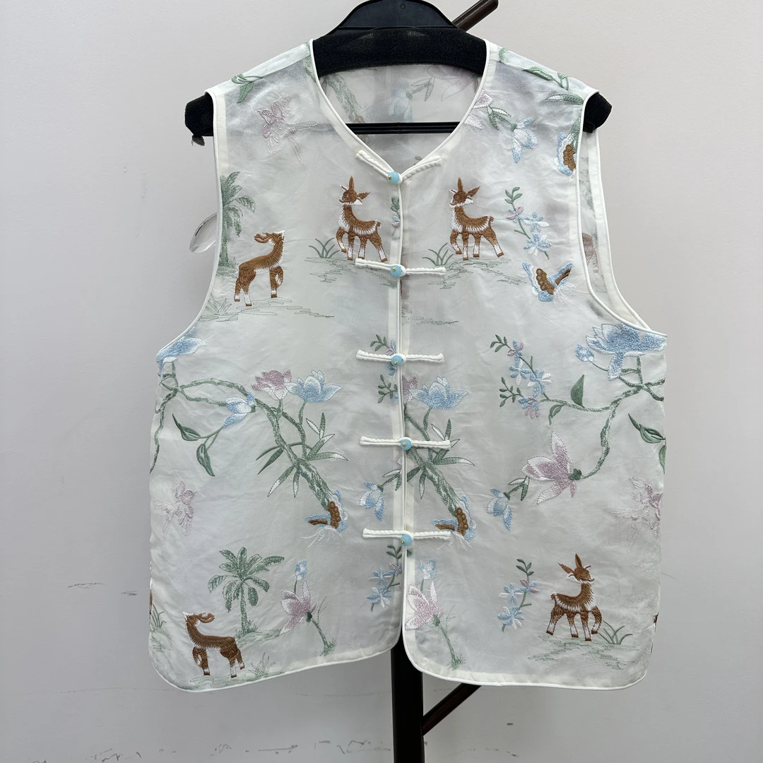 【梦鹿】深圳南油新中式薄款双层梅花鹿无袖桑蚕丝绣花马夹