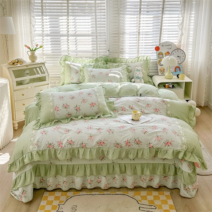 【新款上新】全棉床盖四件套 复古印花夹棉绗缝 韩版花边纯棉被套