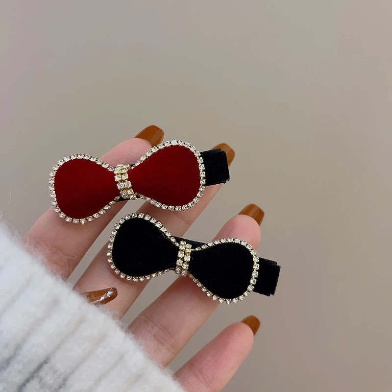 小香风丝绒蝴蝶结发夹复古镶侧边夹前额发卡刘海夹碎发夹子头饰