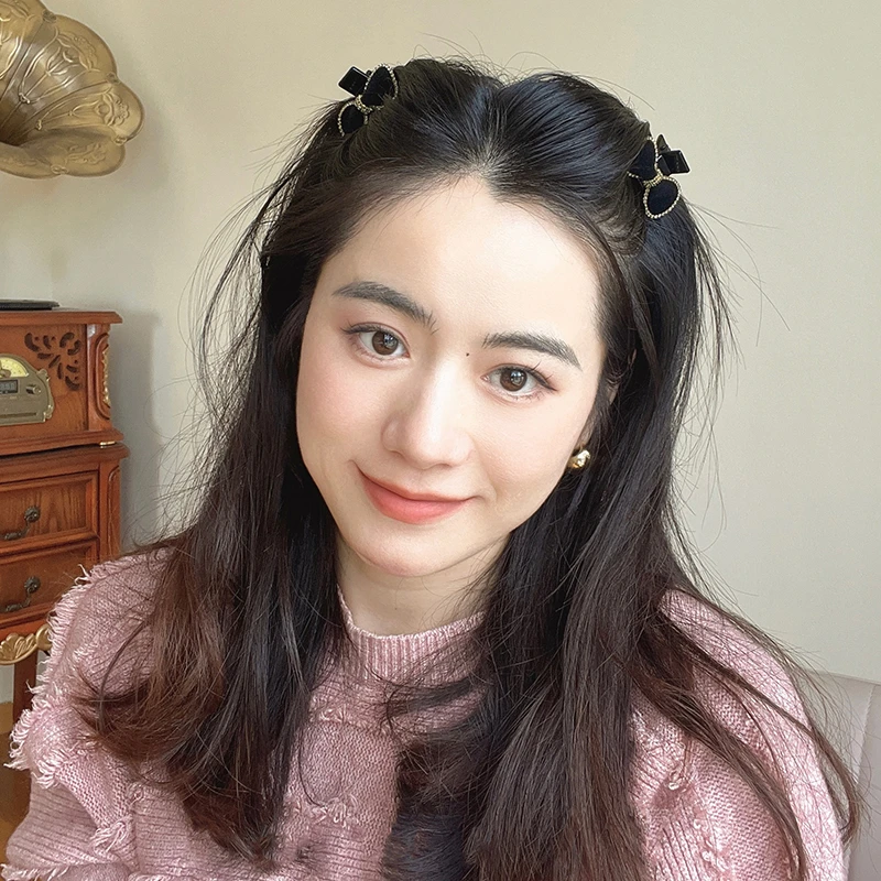 典雅气质黑色丝绒碎发发夹女侧边公主头抓夹头饰小香风小号发卡子