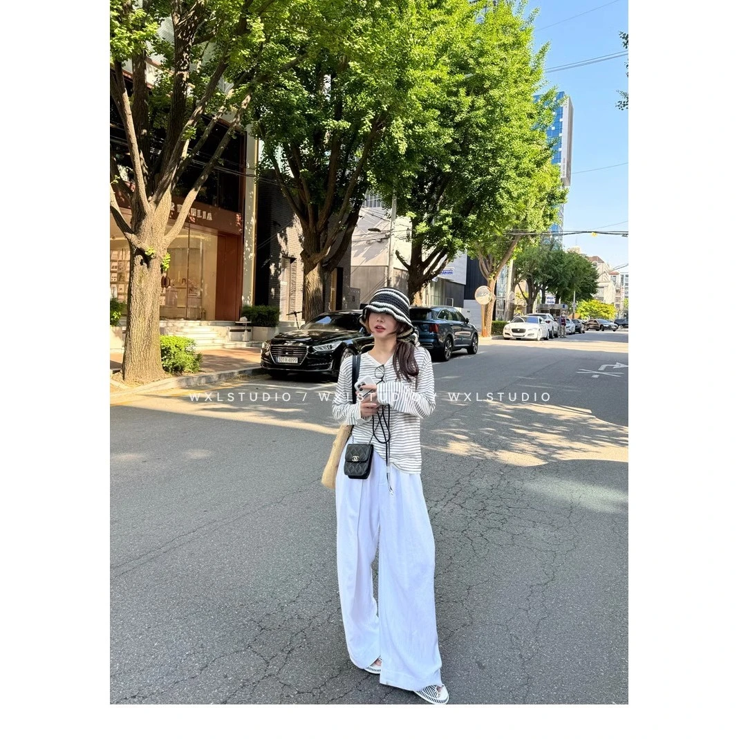 WXLSTUDIO 05/11 10:00 慵懒呼吸 亚麻混纺 条纹立褶阔腿拖地裤