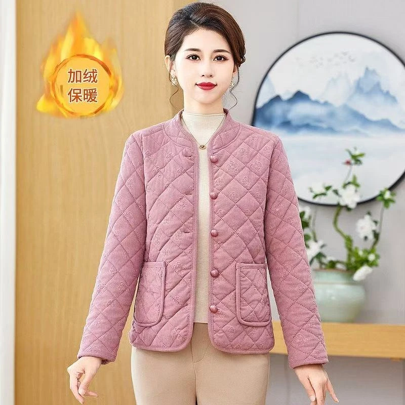 冬季女士加厚棉衣冬季民族风妈妈装立领印花棉袄洋气防寒棉袄