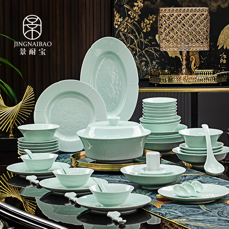 景耐宝陶瓷景德镇高白泥宋器青瓷釉下80头餐具套装碗盘新中式家用