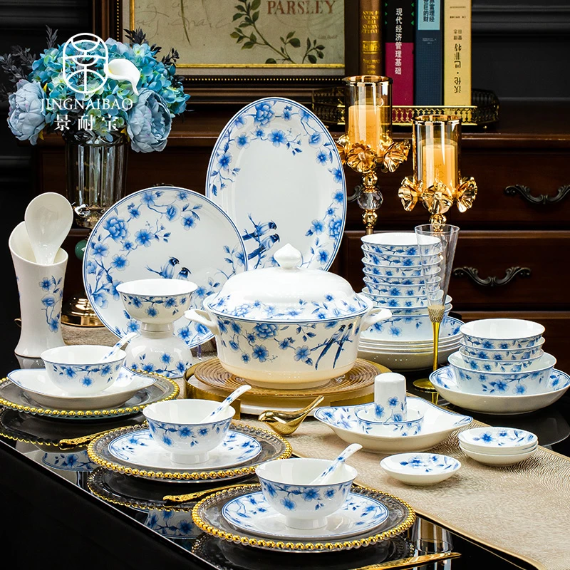 【东哥专属】琴瑟相依52件青花餐具套装景德镇陶瓷家用中式碗碟盘子