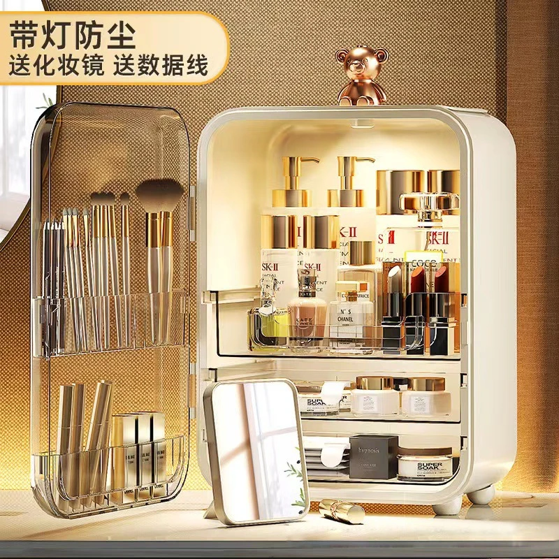 Ins小熊化妆品收纳盒透明防尘护肤品收纳柜大容量桌面整理置物架