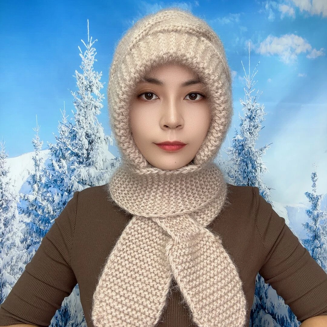 【棋盘格】手工编织帽子围脖帽保暖围巾女士百搭防寒保暖帽针织