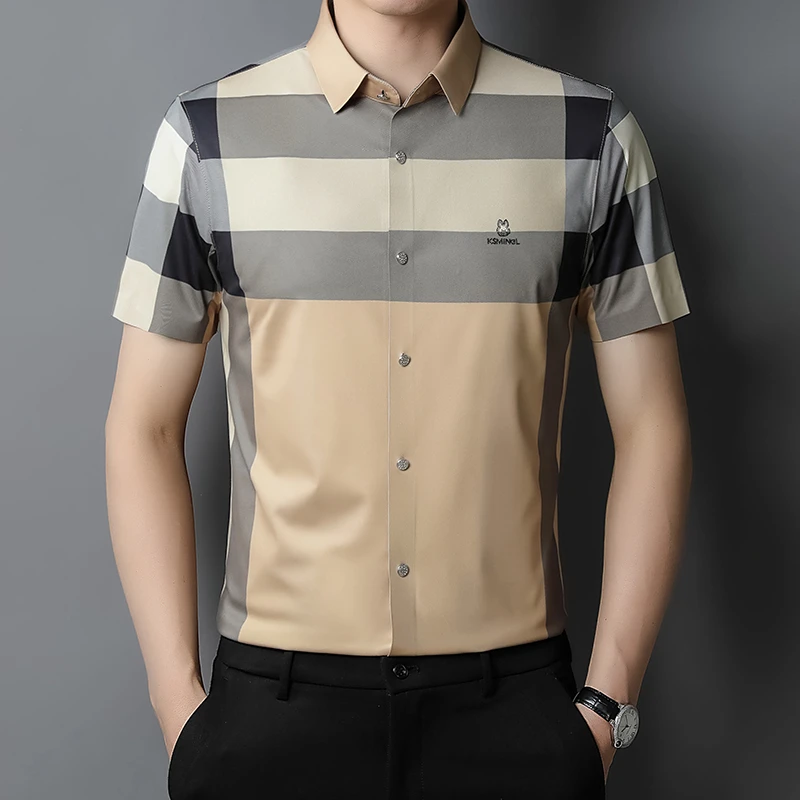男士衫衣新款2023爆款衬衫冰丝短袖大码半袖格子衬衫宽松高档衬衣