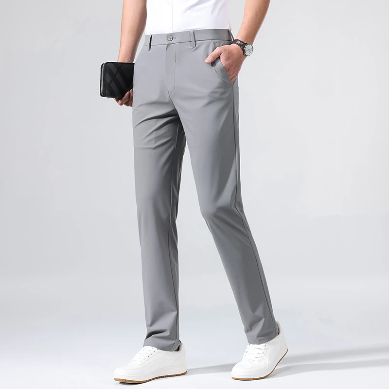 夏季薄款休闲裤男士冰丝弹力宽松直筒速干透气凉爽商务修身长裤男