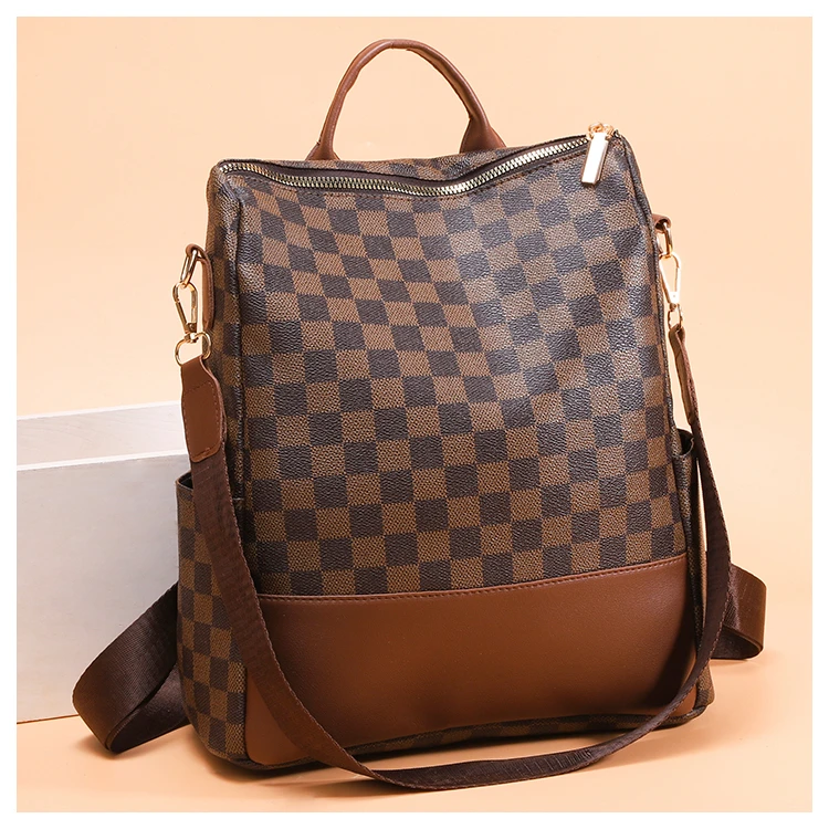 C203韩版双肩包棋盘格典雅时尚大气大容量女士包包双肩背包女